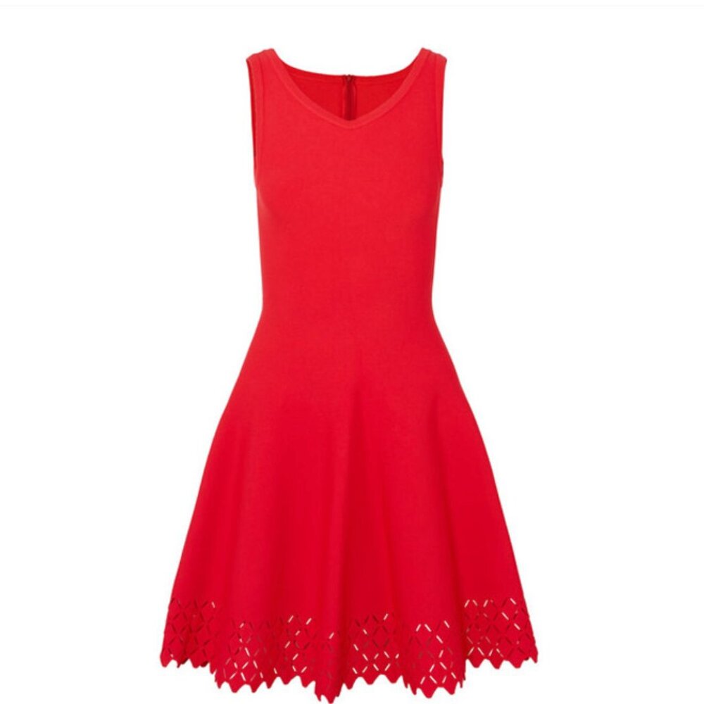 Alaia Ruby Red Stretch Knit Laser Cut Hem Detail Flared Mini